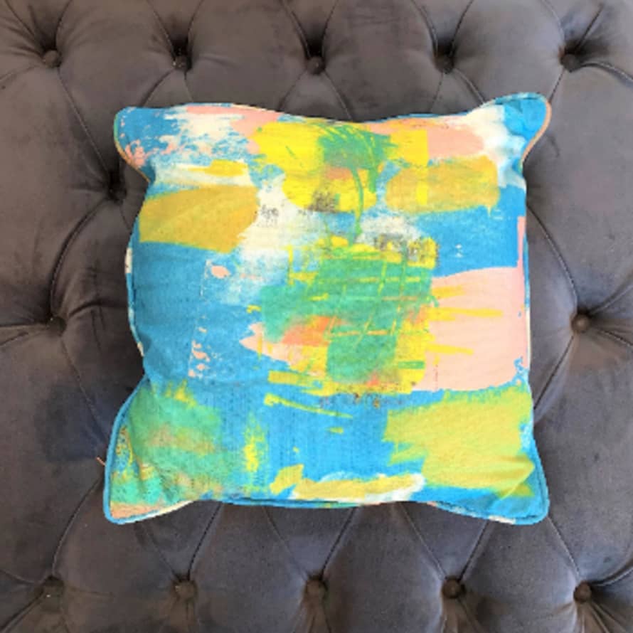 Turquoise Square Double Sided Paint Splatter Cushion