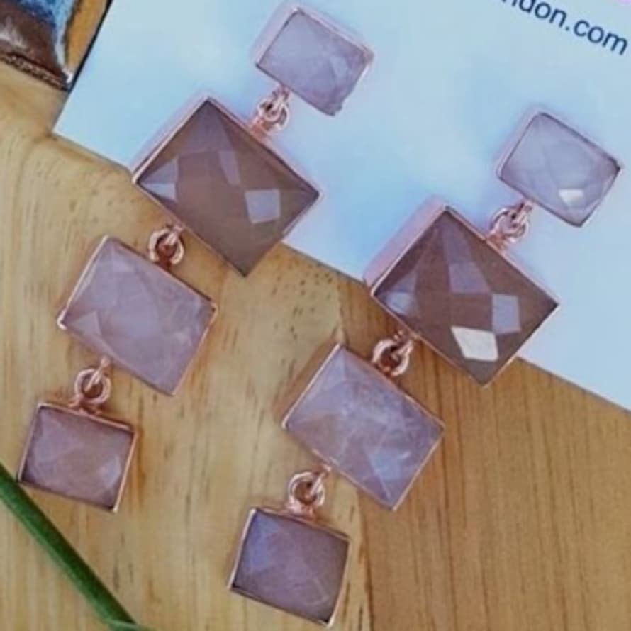 Yaa Yaa London Luxe Peach Moonstone Rose Quartz Rectangle Earrings