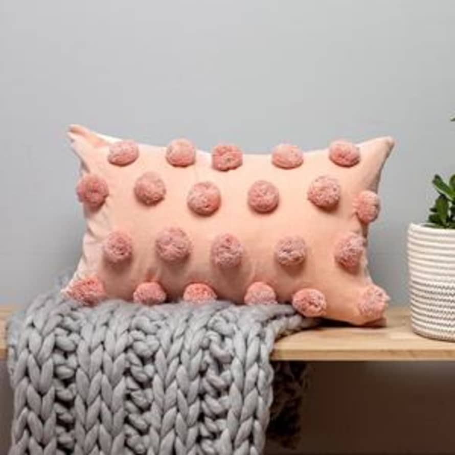 Chickadee Velvet Pom Pom Pink Cushion