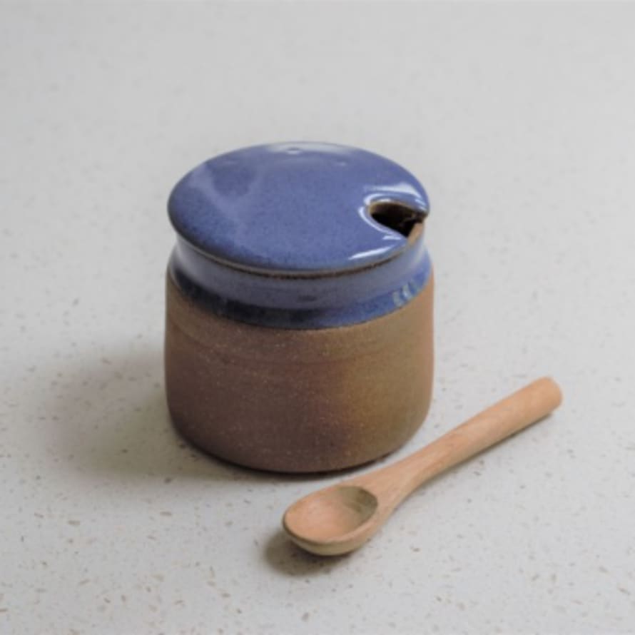 Raine And Humble Dark Blue Stoneware Sugar Pot With Spoon