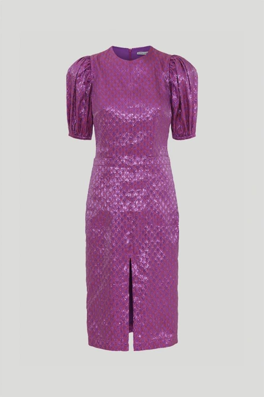 ROTATE Birger Christensen Katarina Metallic Jacquard Dress in Hyacinth Violet