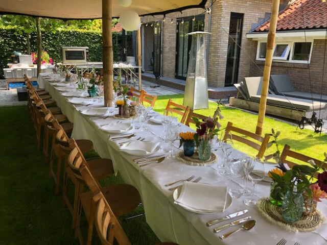 Kleine stretchtent als overkapping voor tuinfeest