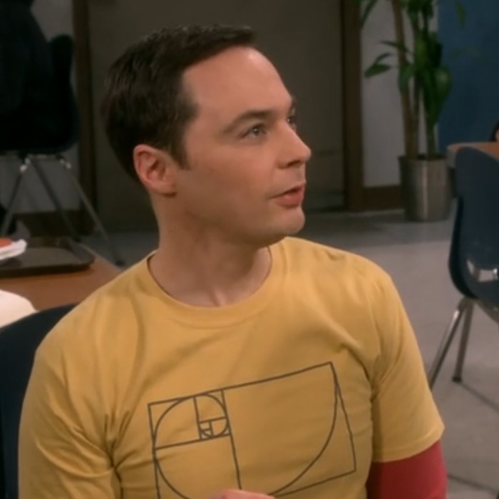 Sheldon Cooper on yellow golden spiral shirt