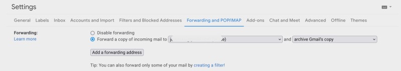 gmail forwarding settings tab