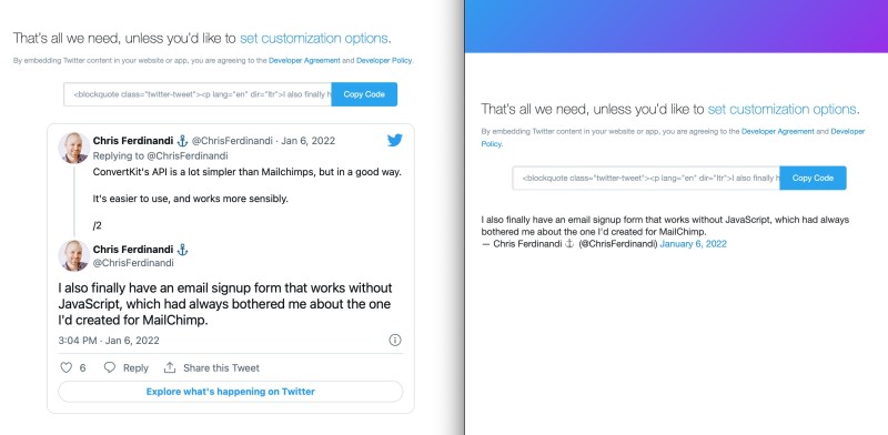 Screenshot of twitter embed in Safari and Brave browser
