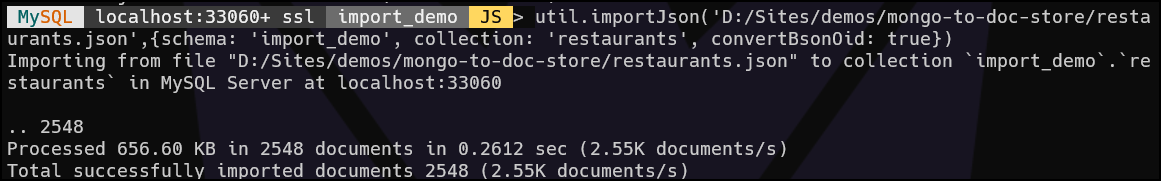 MySQL Shell Import Success