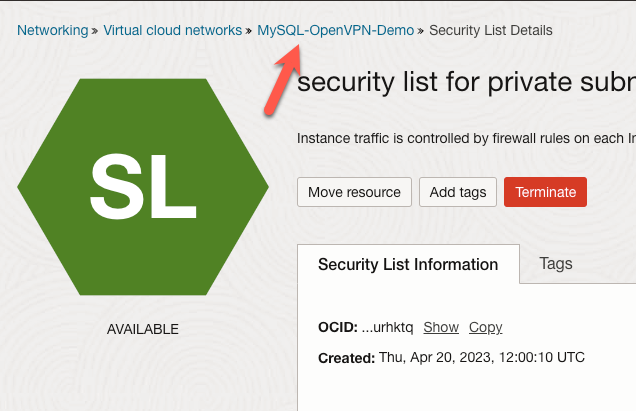 VCN Security List Link