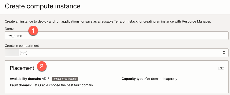 Create Compute Instance form - part 1