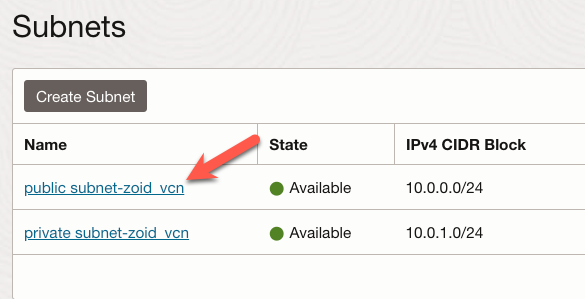 VCN Details - subnet list