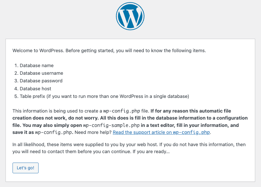 WordPress Setup Config Home Page