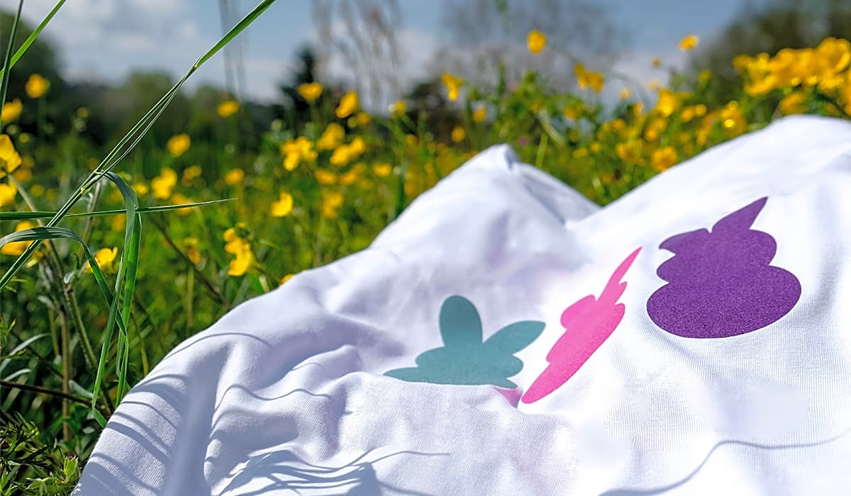 White with three soft, fluffy shapes in green, pink and purple on a grassy field