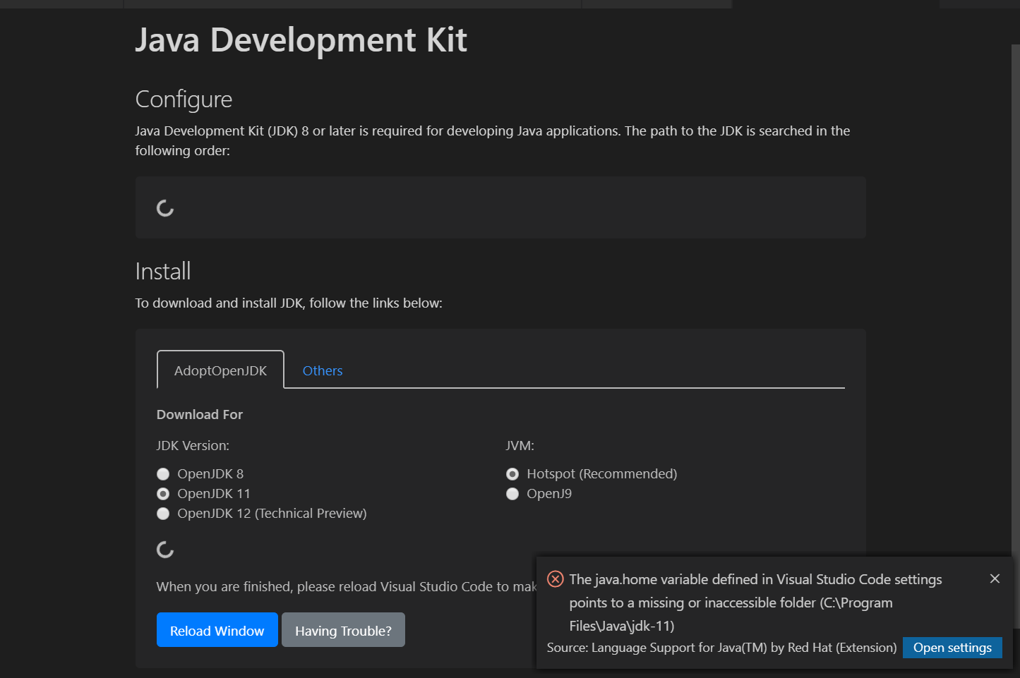The java.home variable defined in Visual Studio Code settings points to ...