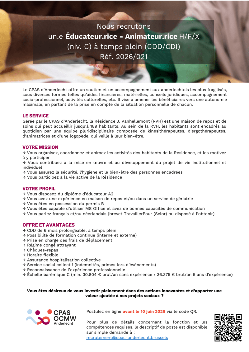 Educateur.rice / Animateur.rice - startersjob bij CPAS OCMW Anderlecht