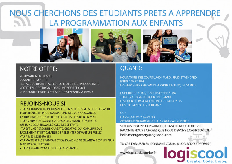 Cherche etudiants en informatique pour apprendre la programmation aux enfants - student job offer at Logiscool Montgomery (Create&Code ASBL)