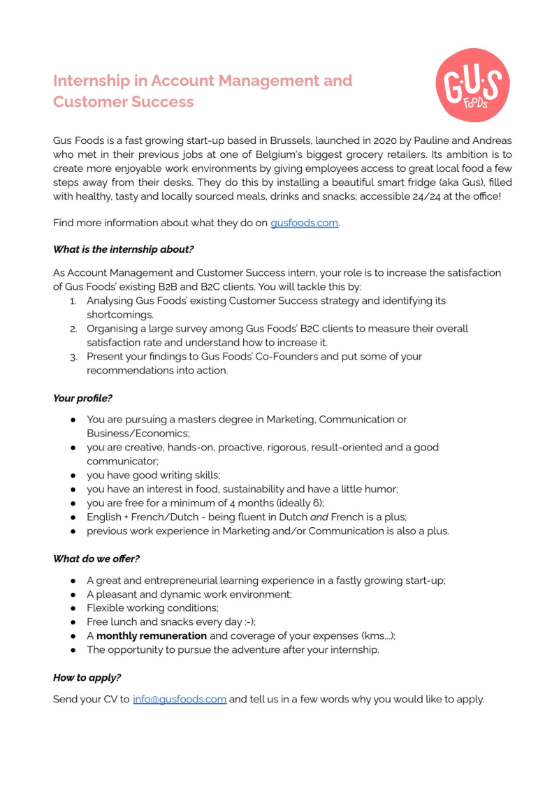 Internship in Account Management and Customer Success - 1st and 2nd semester - internship offer at Gus Foods