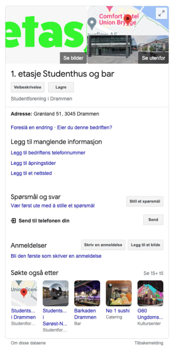 Studenthuset Første Etasje i Drammen på Google Business