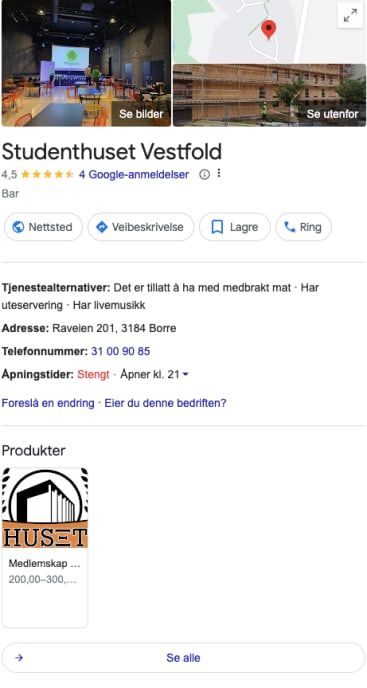 Skjermdump av Studenthuset i Vestfold på Google Business