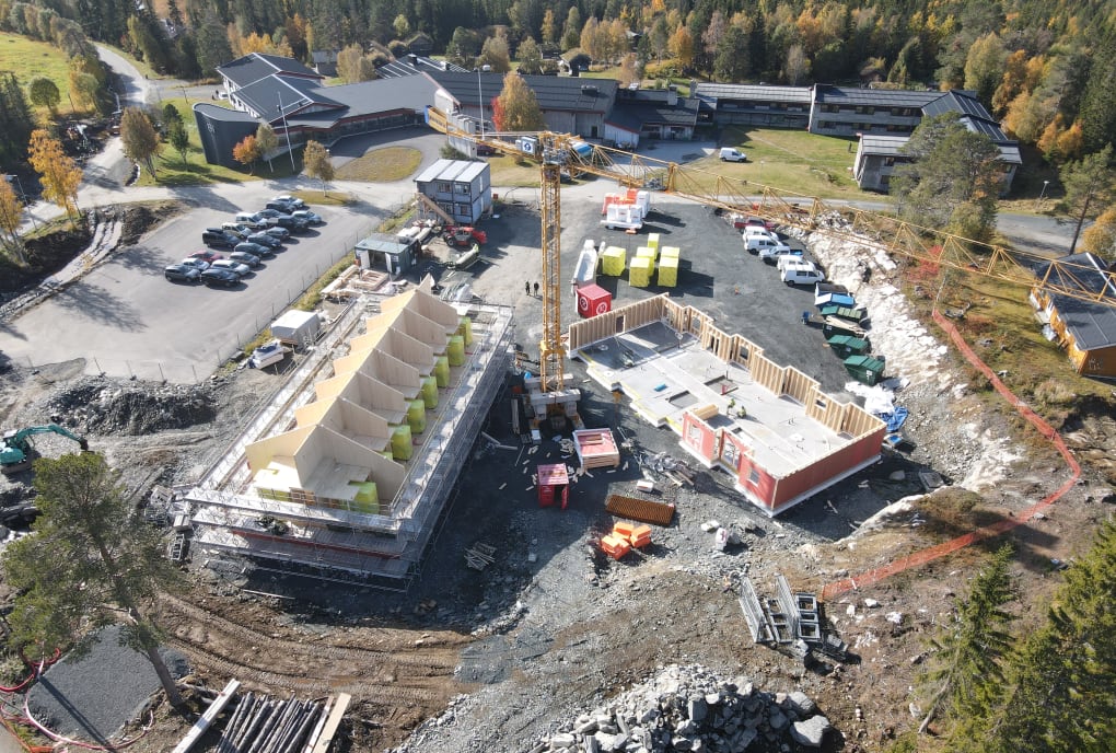 Dronefoto av bygging av studentboliger på Campus Rauland