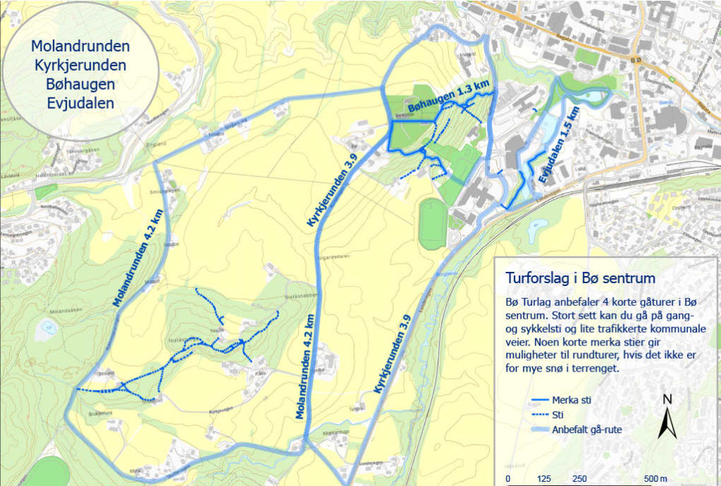 Map showing suggestions for walks in Bø