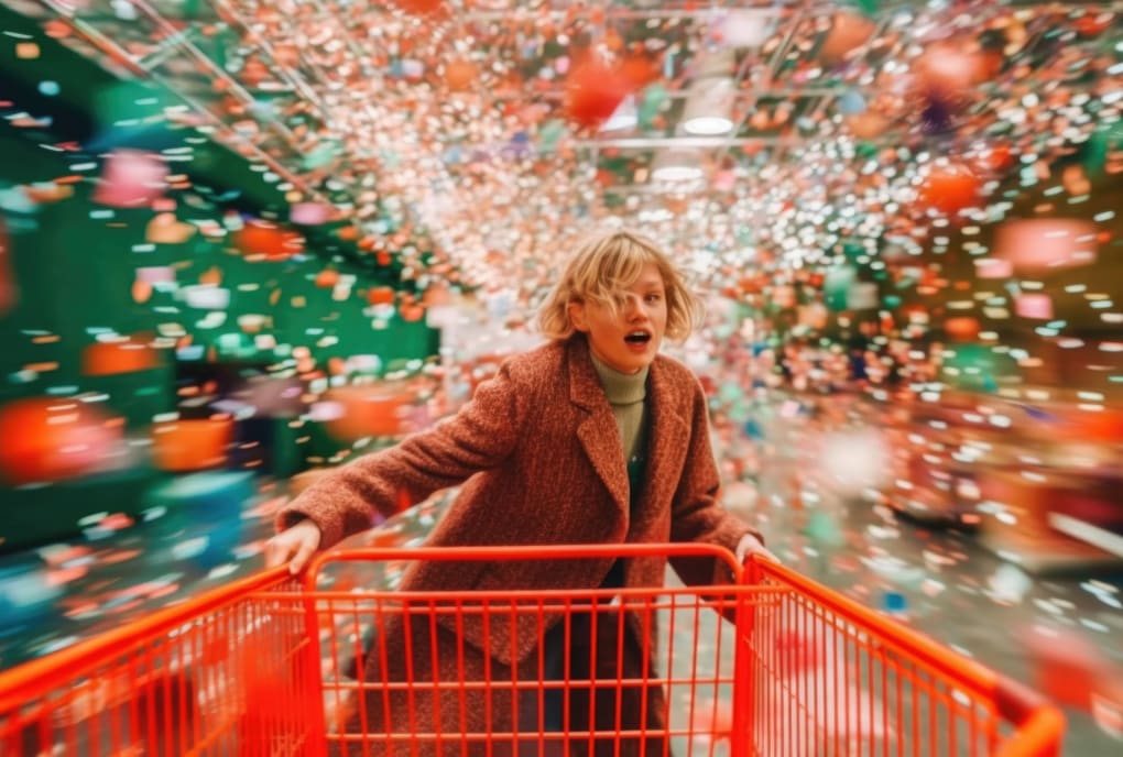Ung kvinne føler seg overveldet av juledekorasjoner på shopping