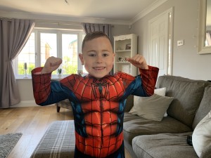 Archie from Family Fund Archie's Army in a spiderman costume