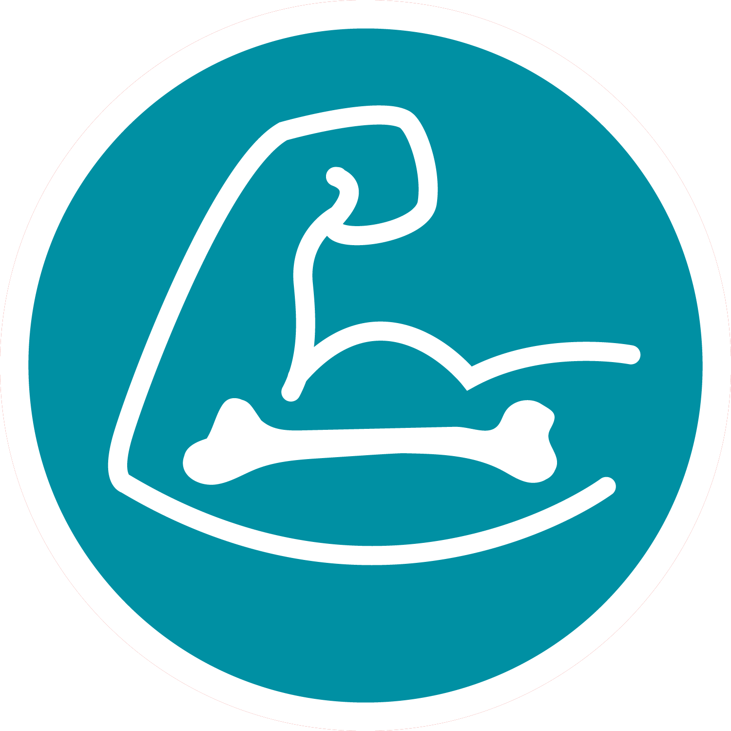A circular blue icon of a bicep outlined in white