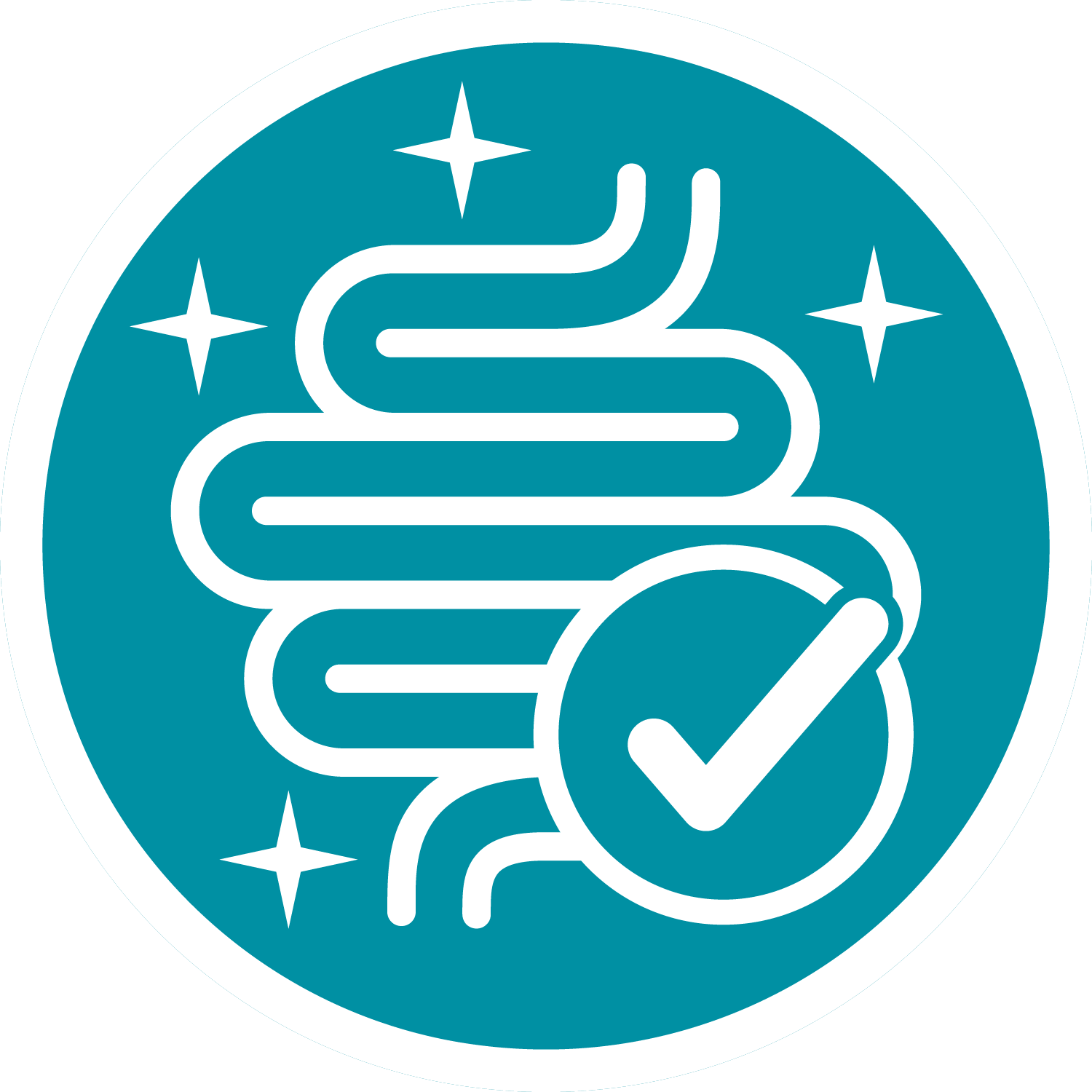 A circular blue icon of a healthy gut outlined in white