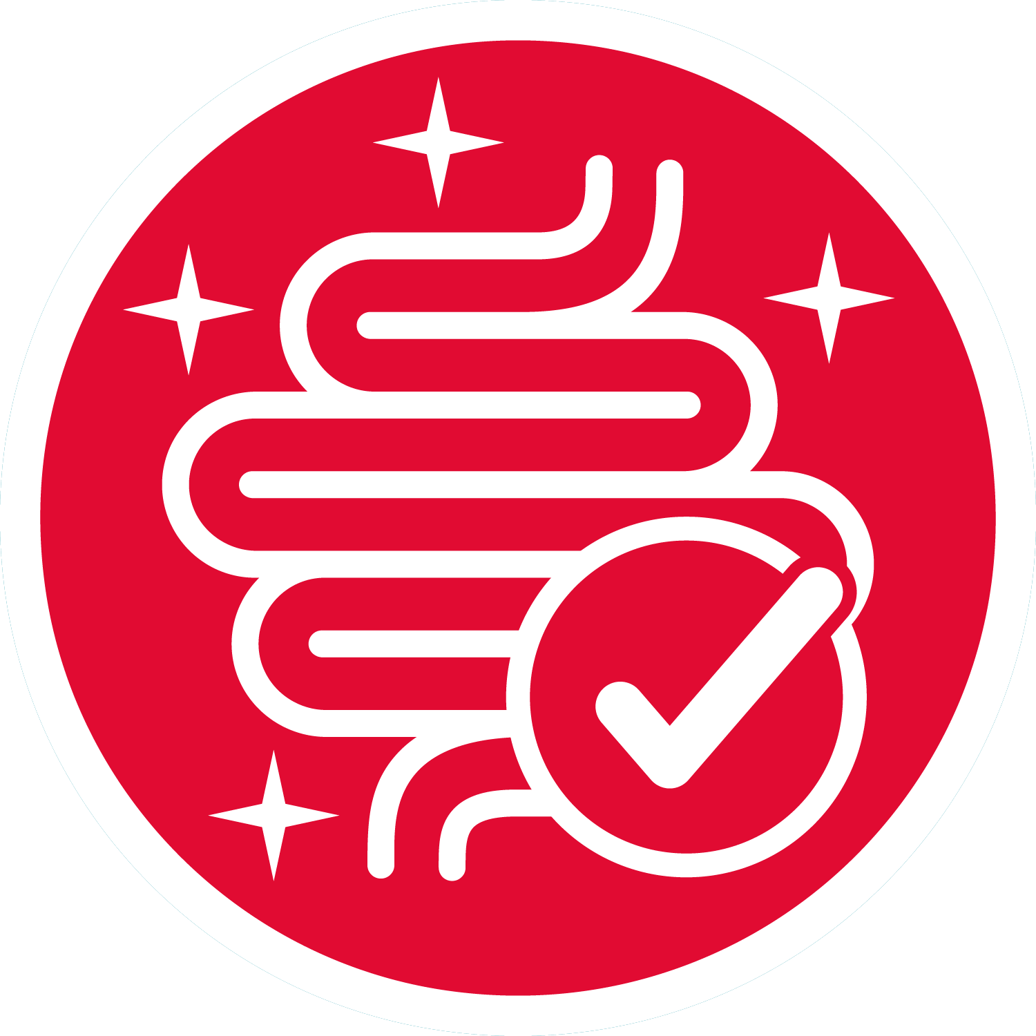 A circular red icon of a healthy gut outlined in white