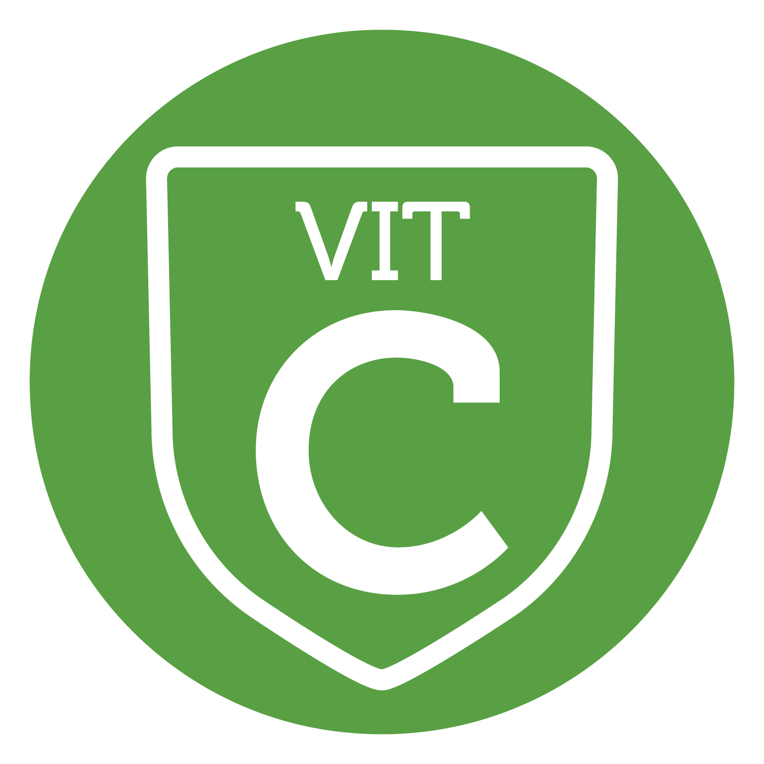 A circular, green icon with Vit C written in the centre of a shield outlined in white