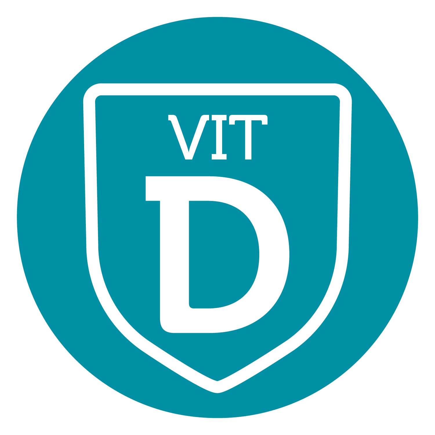 A circular, blue and white icon with Vit D written in the centre of a white shield