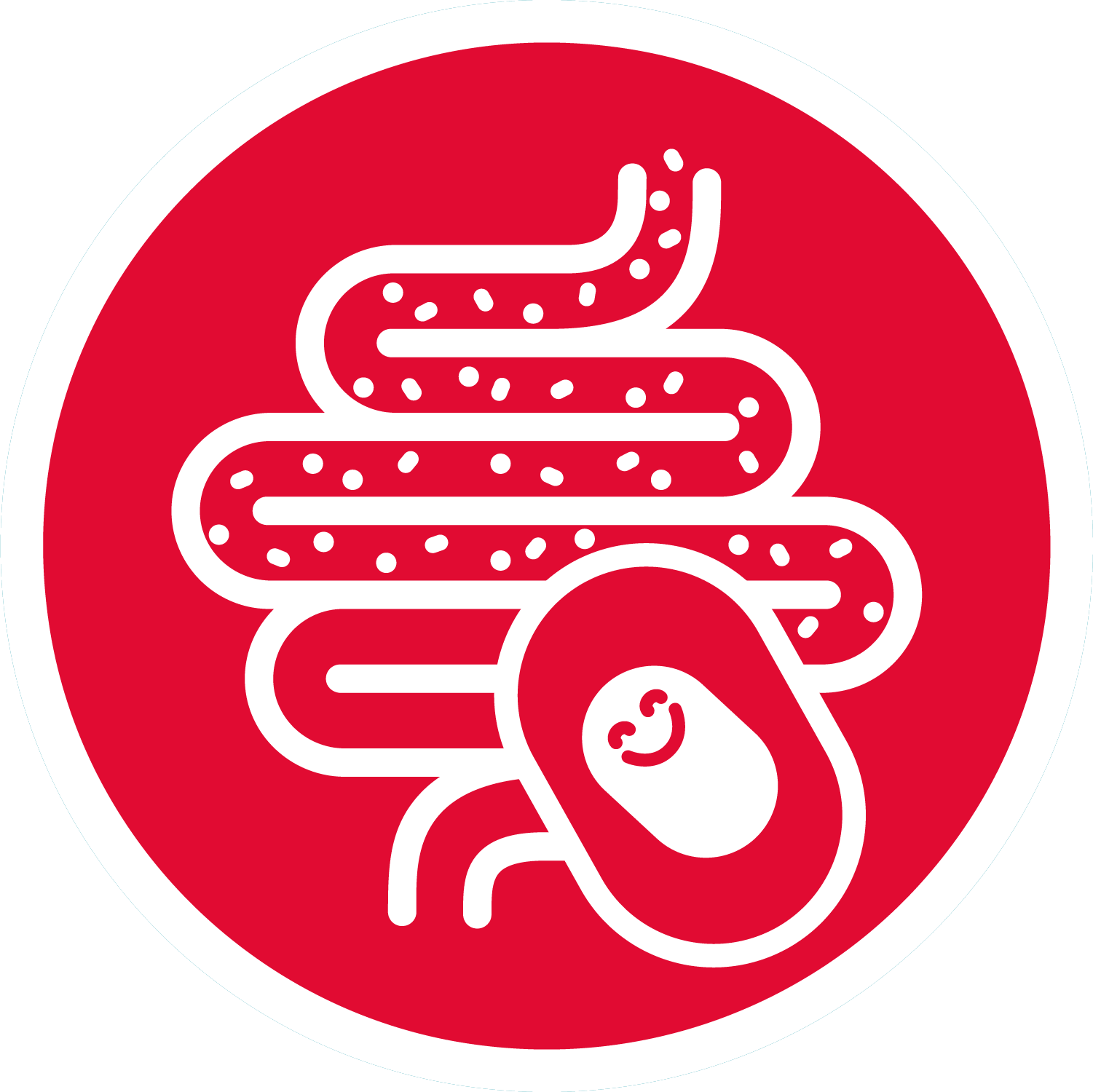 A circular red icon of a happy gut outlined in white