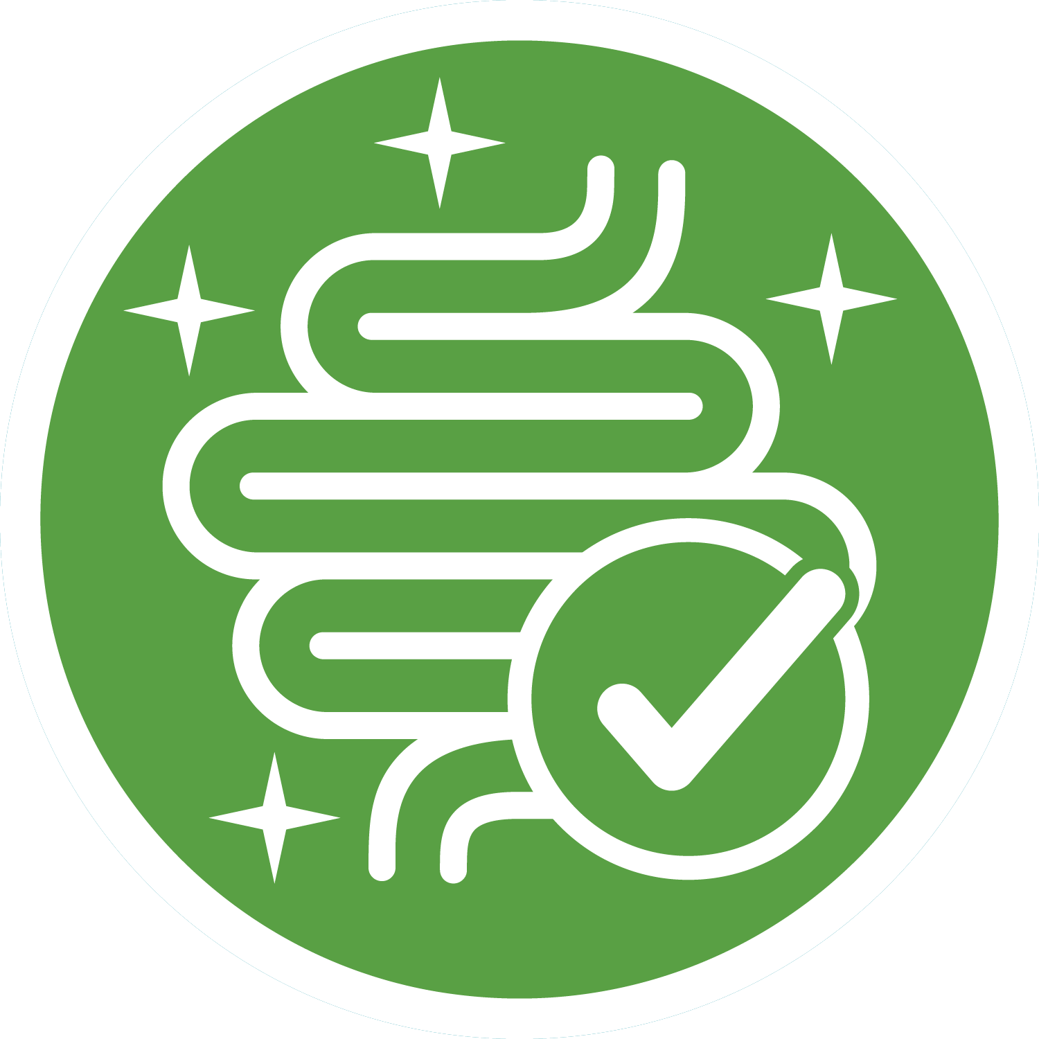 A circular green icon of a healthy gut outlined in white