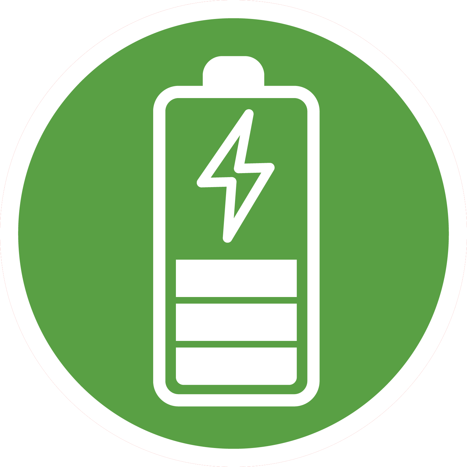 A circular green icon of a charged battery outlined in white