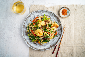 Japanese recipes, Stir fry noodles with Ishikura Onions, Mushrooms &, roast cauliflower in Dengaku, sauce