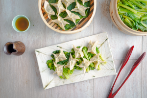 Japanese recipe, steamed prawn gyoza dumplings & Tatsoi with Yuzu sauce