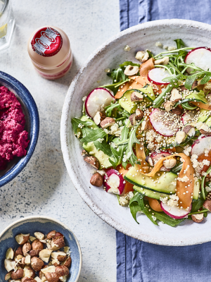 Beetroot Hummus Buddha Bowl with Yakult Original bottle