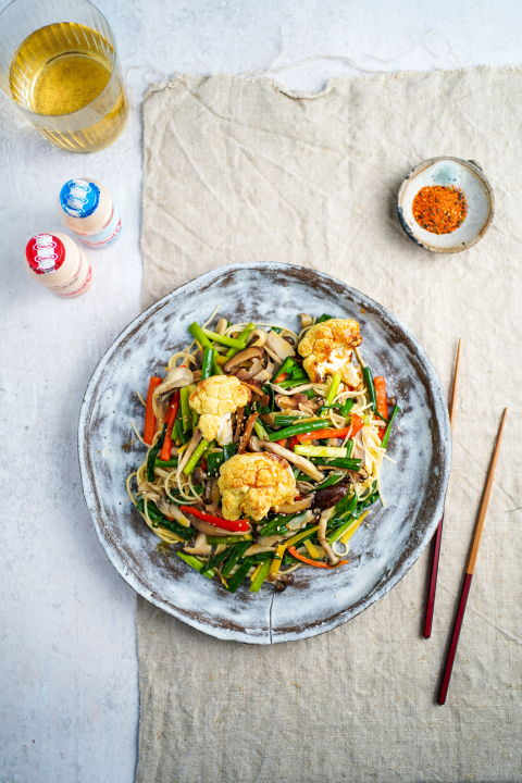 Japanese recipe, Stir fry noodles with Ishikura Onions, Mushrooms &, roast cauliflower in Dengaku, sauce