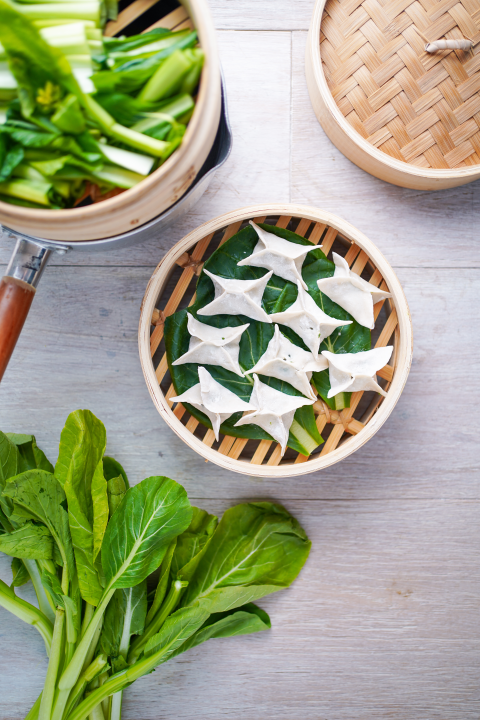 Japanese recipe, steamed prawn gyoza dumplings & Tatsoi with Yuzu sauce