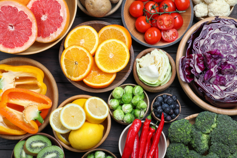 Different, products rich in Vitamin,C on wooden table