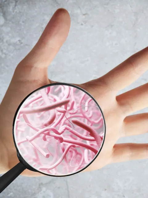 Hand met loupe waarin de bacteriën zijn uitvergroot.