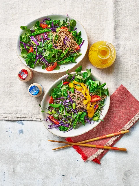 Japanese recipe, soba noodle salad with ginger and carrot dressing