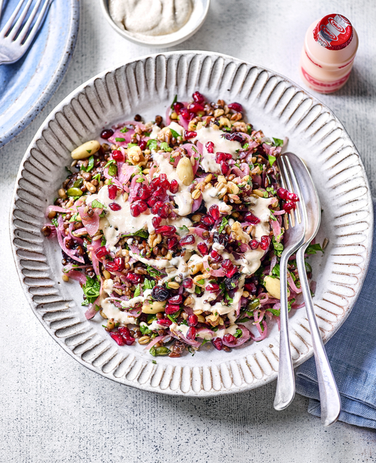 Lentil Pomegranate salad with Tahini dressing with Yakult Original bottle