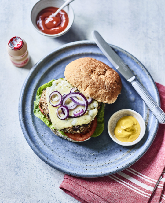 Bean burger with Yakult Original bottle