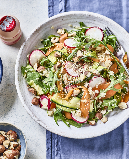 Beetroot Hummus Buddha Bowl with Yakult Original bottle