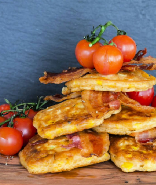 A stack of corn bread with tomatoes and bacon