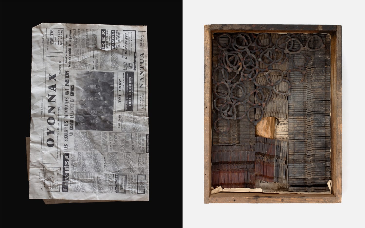 Here are two pictures lined up next to each other. On the left, you'll see a newspaper of Oyonnax from April 1965. With the main title saying "the Oyonnax first aiders have participated in the large exercise of Givors".
On the right, the large crate mentioned in the article, full of stacked up reddish-brown transluscent plates of frame fronts.