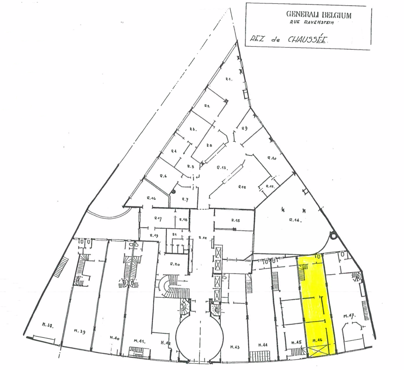 A drawing from the Generali building situation where can see Bidules current location at the 44 of the Rue Ravenstein, Bruxelles
