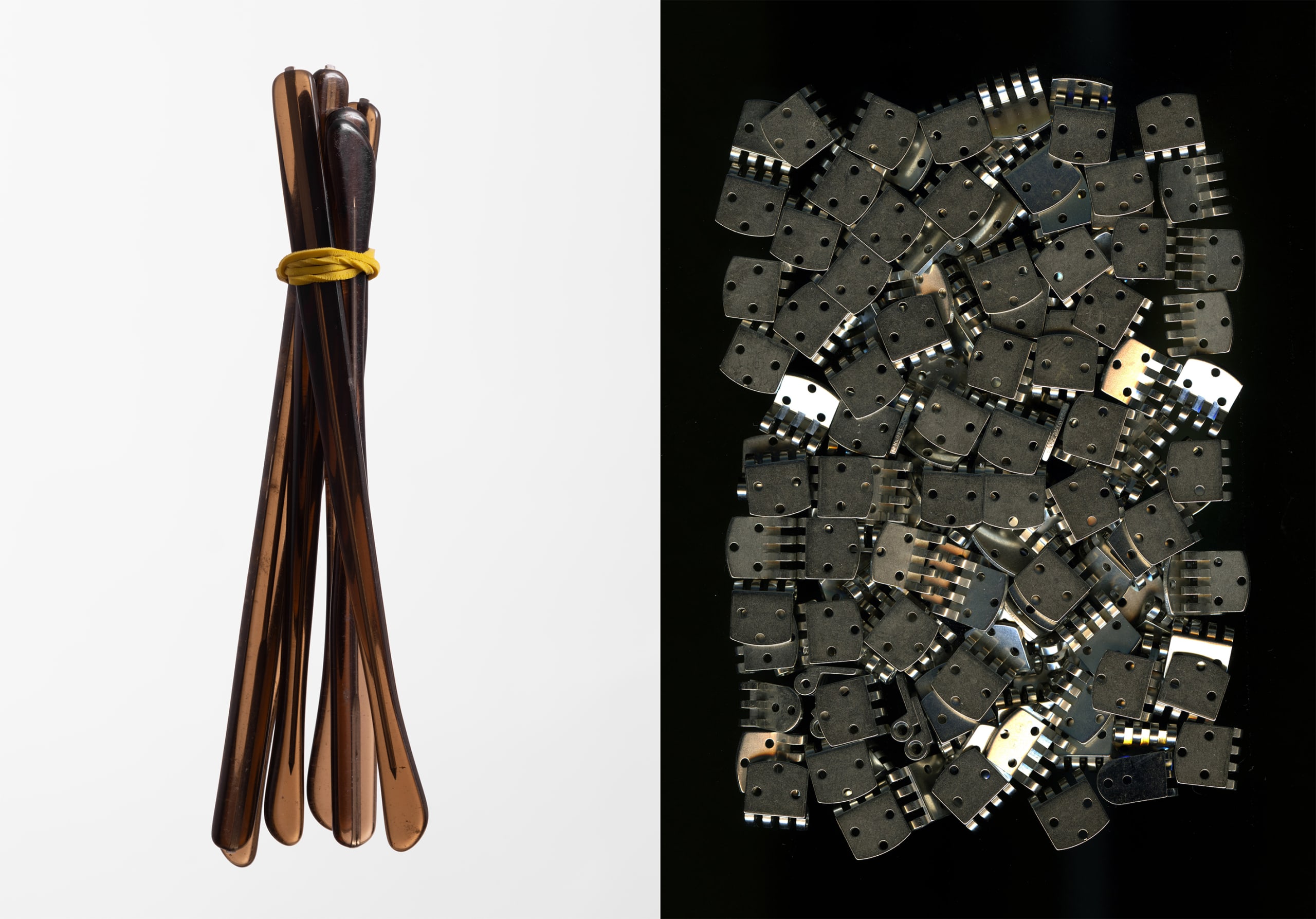 Two images next to each other, the first one with brown amber acetate celluloid translucent glasses temples bundled together with a yellow rubber band and on the left a bunch of silver hinges photographed on a black background.