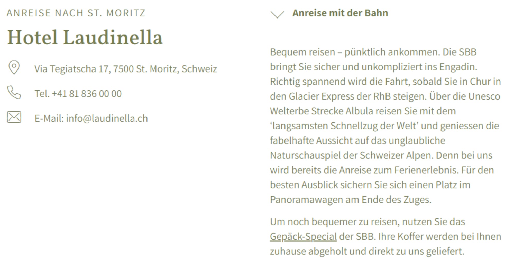 Screenshot der Website des Hotel Laudinella mit Hinweisen zur Anreise mit dem öffentlichen Verkehr und dem Gepäcktransport