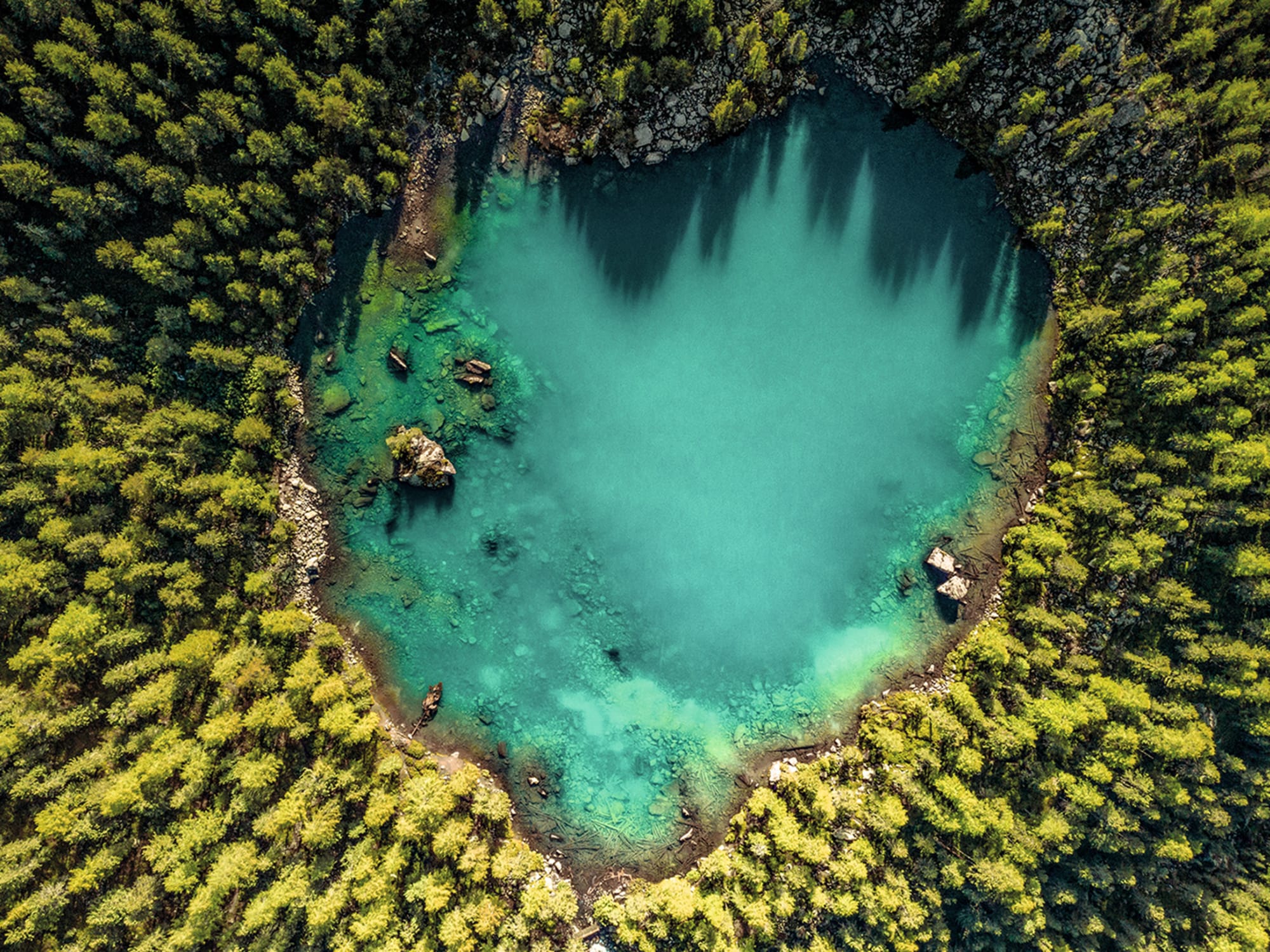 Vue aérienne d'un lac turquoise en forme de cœur, entouré de forêt.
